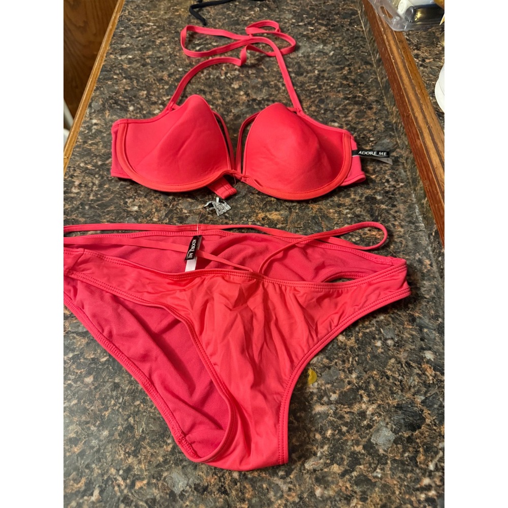 Adore Me Coral Pink Strappy Bikini Set Underwire Halter Top 36C Bottoms Large